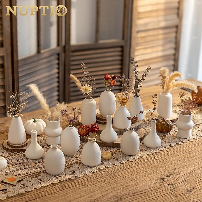 Small White Ceramic Vase for Centerpiece: NUPTIO Bud Vases for Flowers Wedding Dining Table Decorations Set of 15