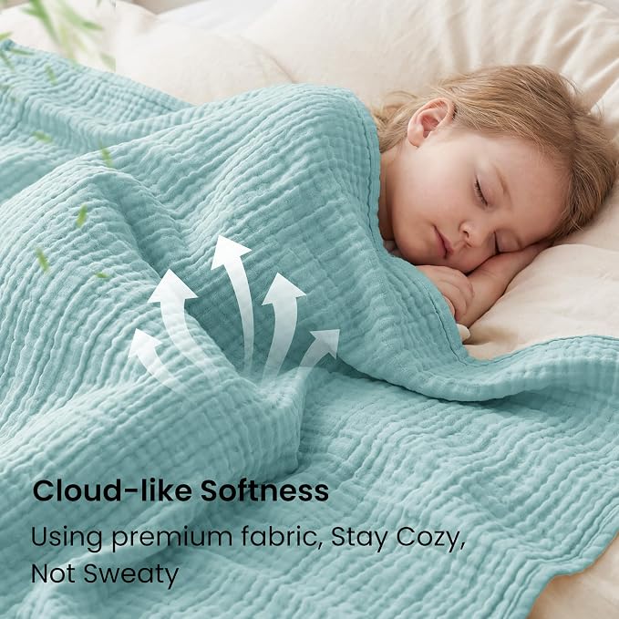 Love's cabin Cooling Muslin Blanket King Size, 50% Rayon Derived from Bamboo, 50% Cotton, 4-Layer Lightweight Breathable Summer Gauze Blanket for Bed, Soft for Hot Sleepers and Kids, 108"x90", Cyan