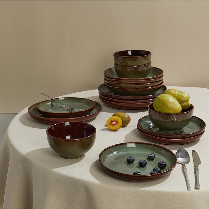 Pokini Stoneware Dinnerware Sets, Ceramic Plates and Bowls Set, Microwave & Dishwasher Safe Kitchen Dishes, Modern Dinner Salad Plates | Cereal Bowls, Dishware Sets Service for 4 Sage Green
