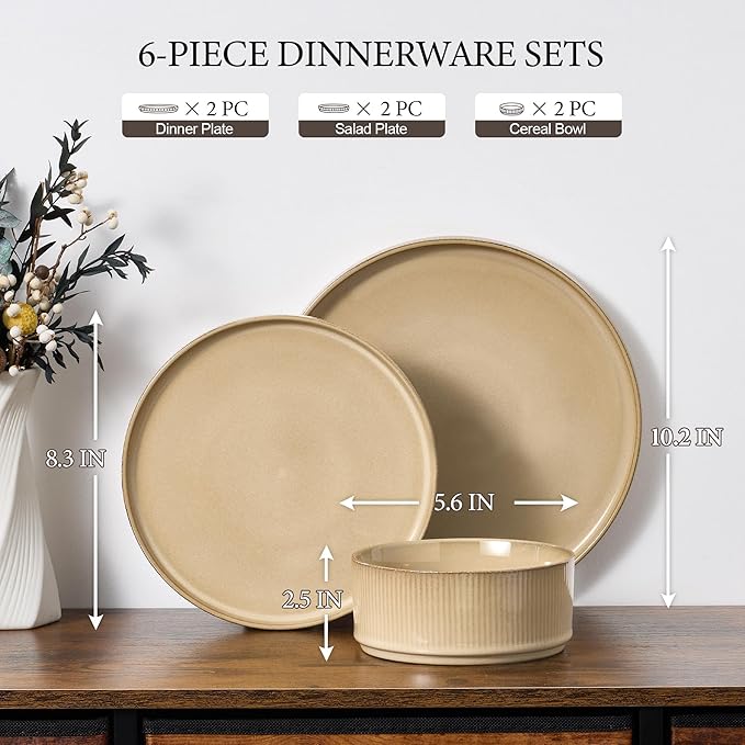 E-far Stoneware Dinnerware Sets for 2, 6-Piece Plates and Bowls Sets, Chip & Scratch Resistant Ribbed Dish Set for Home Restaurant, Microwave & Dishwasher Safe, Caramel Khaki