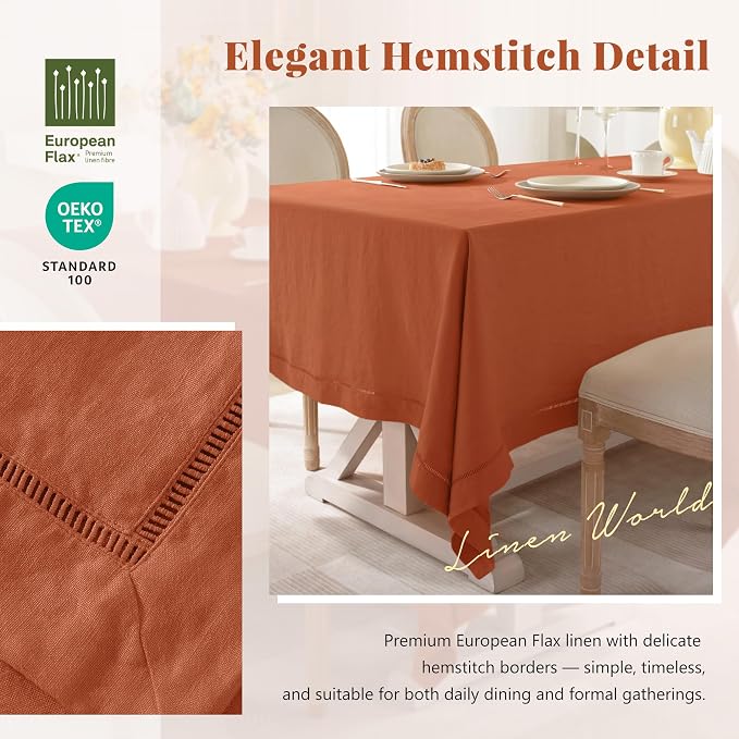 Linen World Fall Linen Tablecloth 55" x 55" Inch,French Linen Washable Rectangular Table Cloth for Dining,Outdoor, Weddings and Restaurants,Decorative Thanksgiving Christmas,Caramel Hemstitch