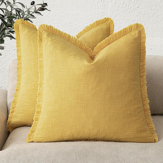 Foindtower Set of 2 Decorative Linen Fringe Throw Pillow Covers Cozy Boho Farmhouse Cushion Cover with Tassels Soft Accent Pillowcase for Couch Sofa Bed Living Room Home Decor,20×20 Inch,Ginger Yellow