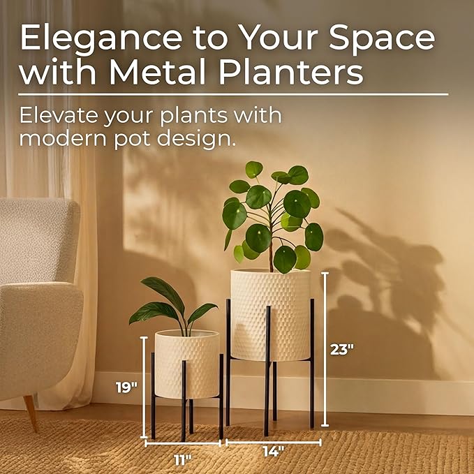 Decorative Flower Pots with Metal Stand for Home Decor - Modern Planters for Hallway, Entryway, and Living Room Decor - Indoor and Outdoor Pots for Plants - Set of 2, 23", 19", White & Black