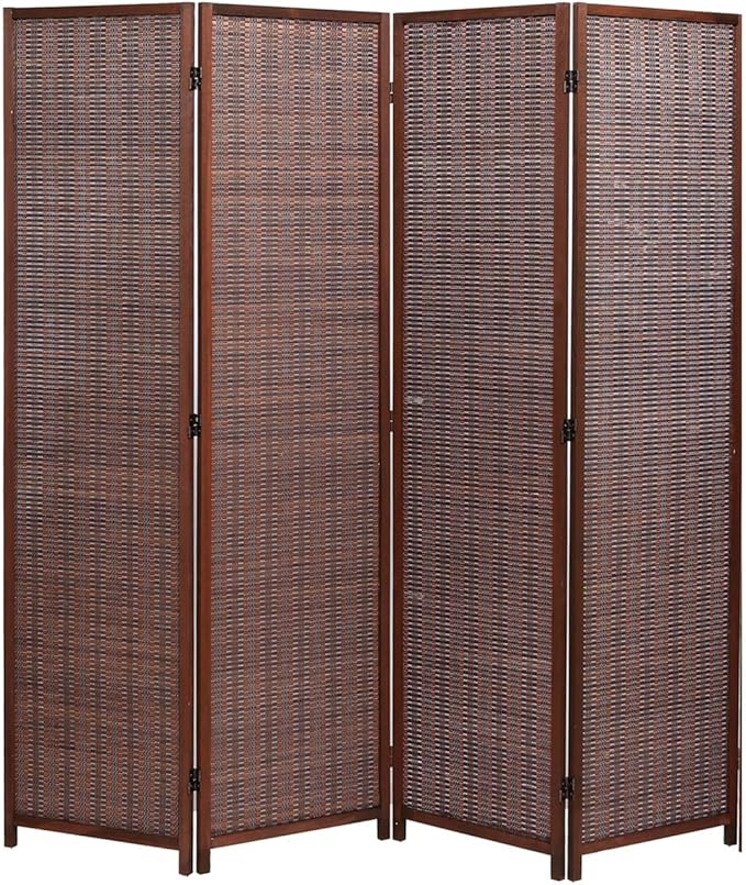 Legacy Decor 4 Panel Natural Color Wood and Bamboo Weave Room Divider