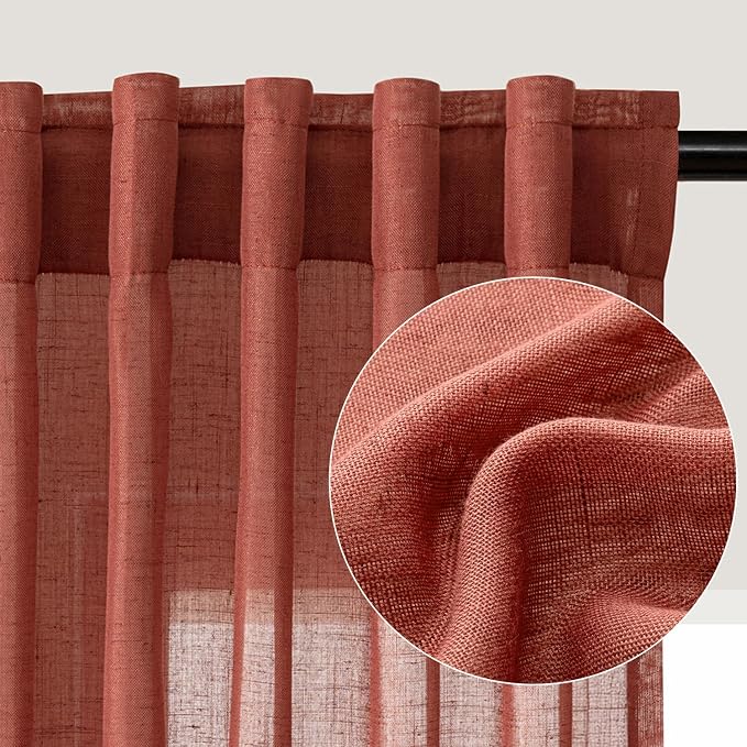 Extra Long Terracotta Linen Curtain 120 Inch long Back Tab Light Filtering Semi Sheer Modern Farmhouse Cotton Textured Ceiling to Floor Window Panels for Living Dining Room Bedroom Decor 2 Panels