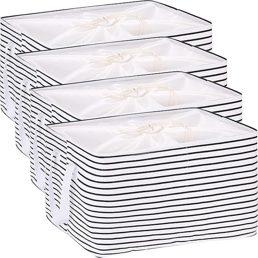 Hinwo 102L XXL Storage Bins, 4-Pack Closet Organizers and Storage, Foldable Clothes Storage Baskets with Handles, Containers for Clothing, Blanket, Comforters, Toys, Bedding (Black Stripe)