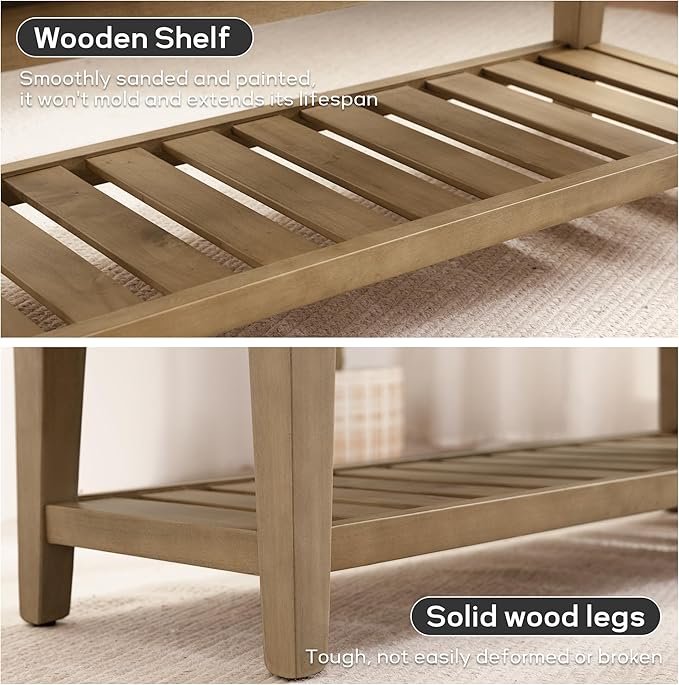 Entryway Bench with Cushion, Upholstered Shoe Rack Bench with Solid Wood Shelf, 44" End of Bed Bench for Bedroom, Chenille Fabric Storage Bench for Entryway, Hallway, Living Room (PU-Black)