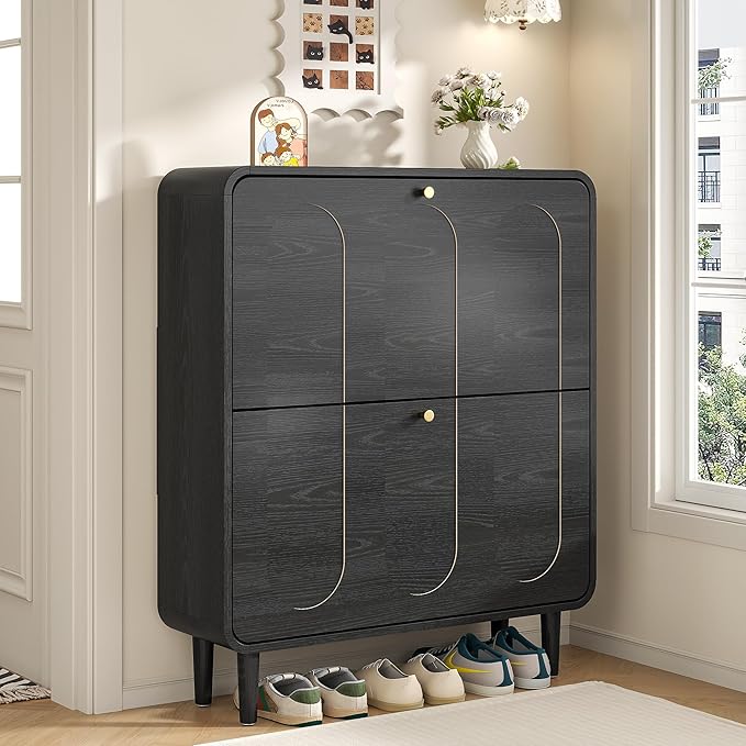 Narrow Shoe Storage Cabinet for Entryway with 2 Flip Drawers, Curved Shoe Cabinet with Arched Stripe Panel, Freestanding Hidden Shoe Organizer Closed for Foyer, Hallway (Black, 31.5 inches)
