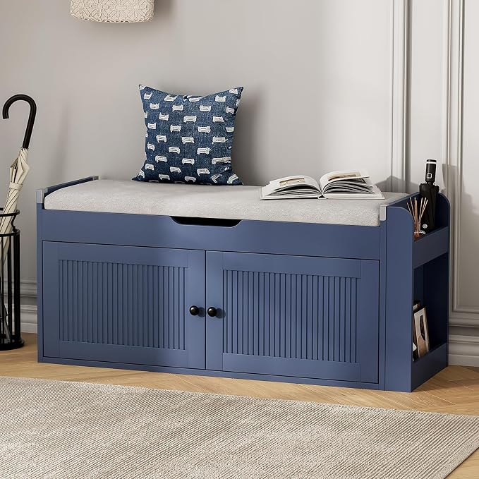 39.4" Storage Bench - Entryway Shoe Bench with Side Storage Shelves and 2 Doors, Multifunctional Entryway Bench with Lift Top Cushion, Shoe Storage Bench for Bedroom, Living Room, Navy Blue