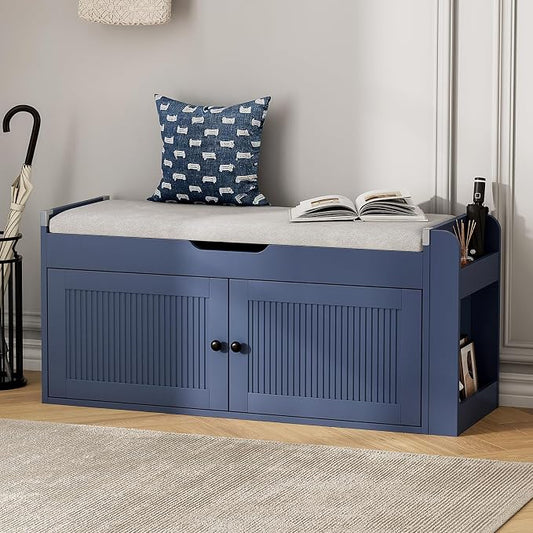 39.4" Storage Bench - Entryway Shoe Bench with Side Storage Shelves and 2 Doors, Multifunctional Entryway Bench with Lift Top Cushion, Shoe Storage Bench for Bedroom, Living Room, Navy Blue
