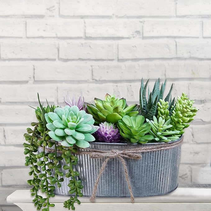 Winlyn 10" Artificial Succulent Arrangement Centerpiece Fake Succulent Plants in Rustic Metal Oval Planter Faux Potted Succulents for Home Office Bedroom Table Windowsill Shelf Mantel Decor