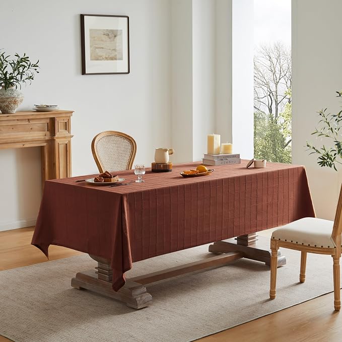 ZeeMart Linen Checked Table Cloth 60x104 Inches (Fit 6ft–7ft, Narrow Fit 8ft Rectangle Table), Farmhouse Style Plaid Embroidered Water Resistant Table Cover, Terracota