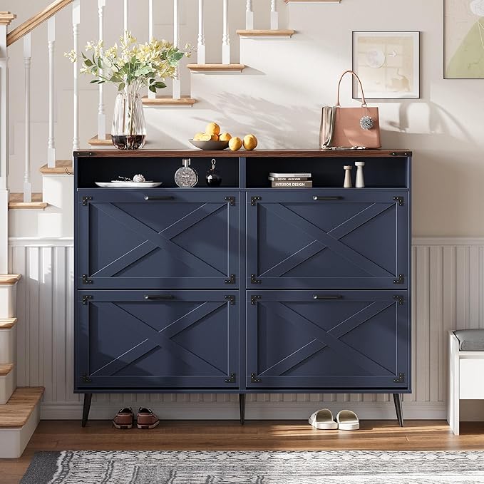 Shoe Storage Cabinet with 4 Flip Drawers Narrow Shoe Rack Cabinet Farmhouse Design Freestanding Shoe Organizer with Open Storage for Entryway,Hallway,Foyer,Blue Walnut
