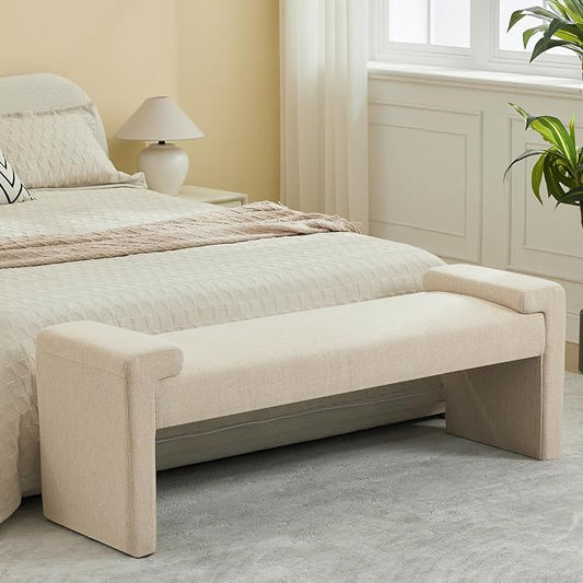WUTUTUEE 58.7" Linen End of Bed Bench Upholstered Modern Bedroom Bench for Living Room & Entryway, Easy Assembly, Footrest Ottoman Accent Window Bench with Solid Wood Frame & Curved Arm, Tan