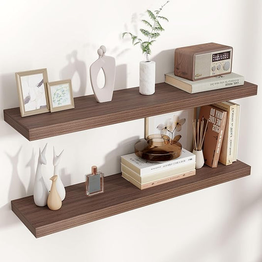 Venusmiles Floating Shelves for Wall 36 inch Long, Engineered Wood Wall Shelves with Invisible Brackets for Living Room Bedroom Bathroom Office Kitchen Decor and Storage, Walnut Finish, Set of 2