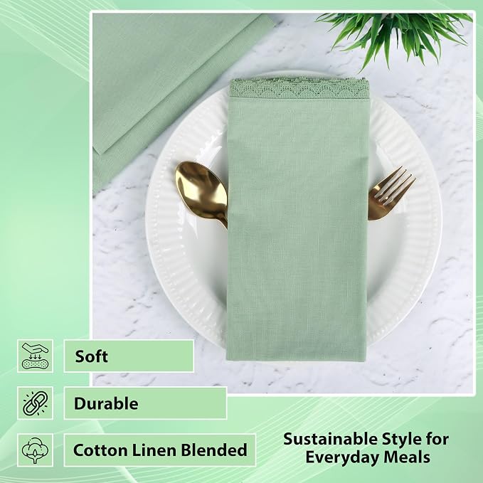 NATURALCRAFT Cloth Napkins Set of 12 Cotton Linen 12 Pack Premium Quality Soft Durable Washabale Napkin with Elegant Lace Ideal for Wedding, Spring, Easter, Parties, Lace White (sage, 18 x 18 inch)