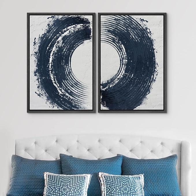 SIGNWIN Framed Canvas Print Wall Art Set Black Gray Pastel Paint Stroke Spiral Ring Abstract Shapes Illustrations Modern Minimal Decorative for Living Room, Bedroom, Office - 24"x36"x2 Black