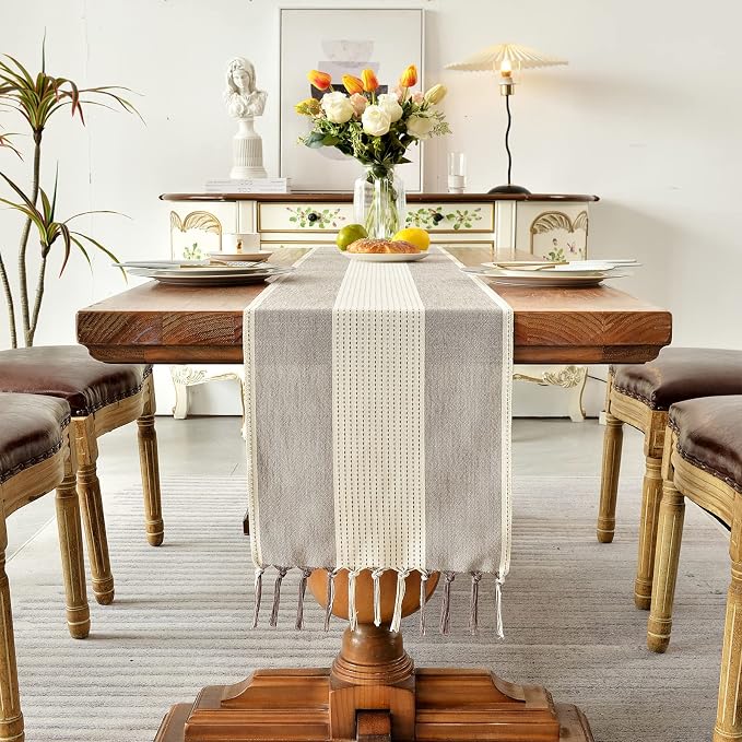 Wracra Linen Table Runner, Farmhouse Macrame Table Runners 60 Inches Long for Dining Table Decor, Wedding, Party and Dresser Decor (Dark Coffee,60")