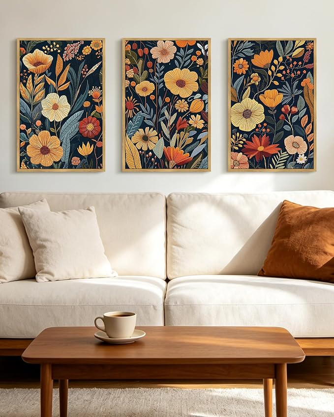 PHOPAGO Vintage Flower Framed Wall Art 16x24in Set Boho Colorful Floral Wall Decor Retro Botanical Wildflower Modern Art Prints Room Decor - Natural Framed