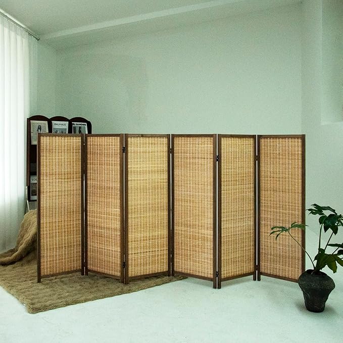 6 Panel Short Room Divider – 3.9 ft Tall Double-Side Folding Privacy Screen, Natural Brown Bamboo Partition Wall for Home Office, Living Room & Corner Spaces