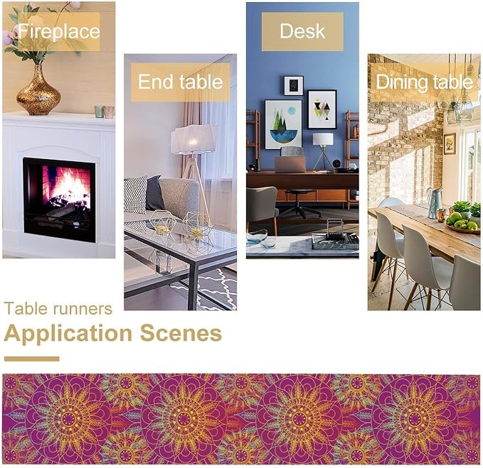YCness Mandala Table Runner Abstract Colorful Modern Art Golden Purple Kitchen Dining Room Party Holiday Living Room Table Runner, 13x70 Inch