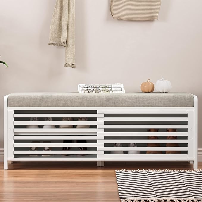 Ball & Cast 43.3" Wood Frame Entryway Storage Bench w/Shutter-Style Sliding Door & Shelf, Modern Shoes Rack Cabinet Benches with Movable Upholstered Seat for Living Room Bedroom Hallway, White