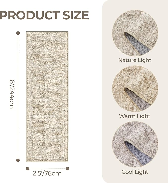 Kitchen Runner Rug Non Slip - 2.5 x 8 Runners for Hallways, Entryway, Bedroom, Washable Runner Rugs for Bathroom, Laundry Room, Low Pile Soft Vintage Area Rug(2.5'x8', Brown/Ivory)