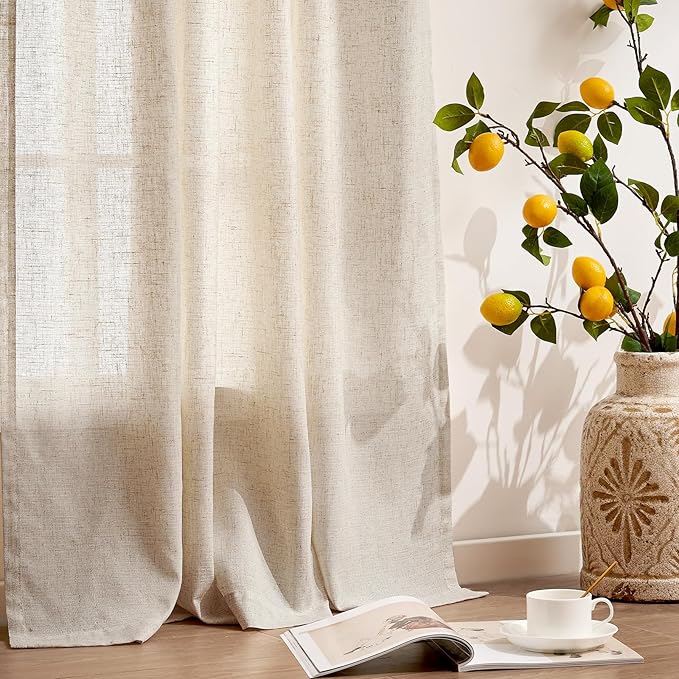 jinchan Linen Curtains for Living Room Beige Drapes 84 Inch Length 2 Panels Set, Light Weight Semi Sheer Grommet Curtains for Bedroom Farmhouse Light Filtering Narrow Window Drapes 2 Panels W38 x L84