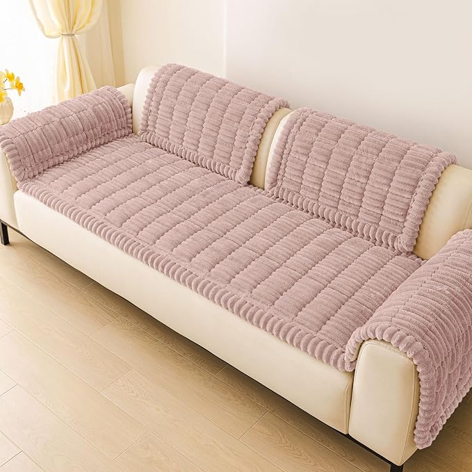 hyha Couch Cover for Dogs Washable, Non Slip Thick Flannel Sofa Protector, Pet Friendly Plush Furniture Cover for Sectional Sofa & Loveseat (Dusty Pink, 43" x 63")