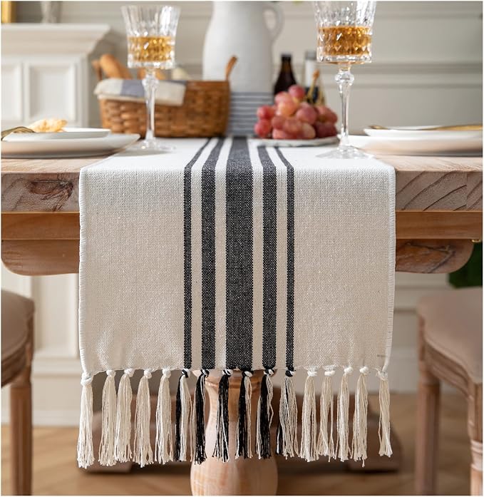 Boho Table Runner for Modern Farmhouse Decor, Dining Table décor 13 x 108 Inch Long, Coffee Table Runner with Handcrafted Tassels, Black and Beige, for Home Bohemian Decoration