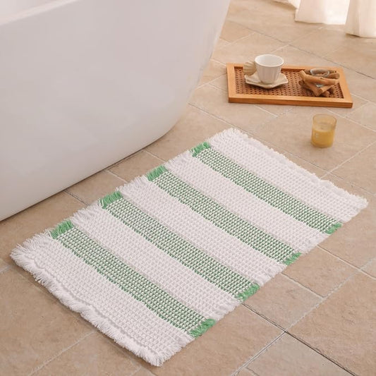 Waffle Bath Mat Non Slip, Boho Bathroom Rug, Super Absorbent Quick Dry Bathroom Mat, Soft Farmhouse Bath Rug with Tassels, Small Washable Shower Mats for Floor 20"x32", White and Green