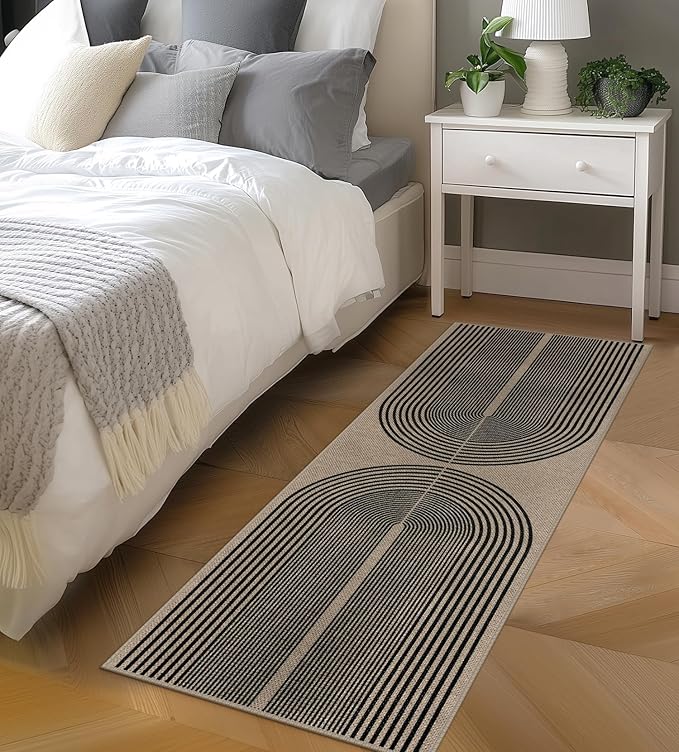 Rugalia Easy Jute Rainbow Runner Rug, 2x6 Washable Rugs Runner for Hallway Non-Slip Boho Farmhouse Kitchen Runner Rug, Black and Nature Abstract Outdoor Carpet for Porch Laundry Entryway