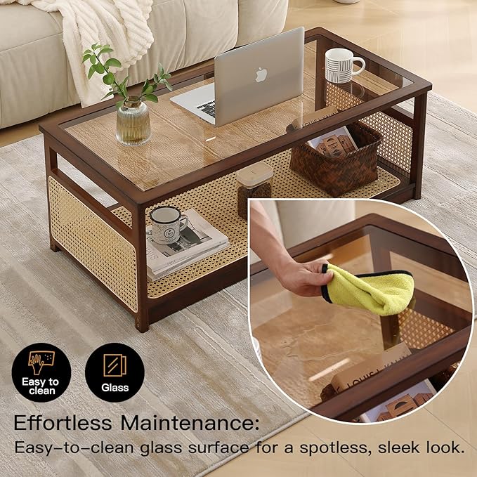 Welnow Rattan Coffee Table for Living Room, Modern 2-Tier Rectangle Center Table with Storage Shelf and Glass Top, Mid-Century Boho Furniture for Apartment, 47.5" Walnut