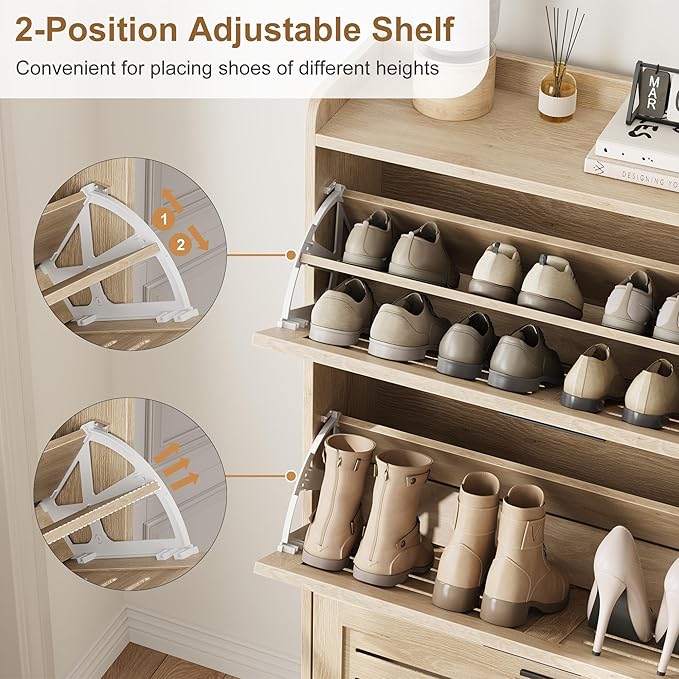 Garvee Shoe Storage Cabinet with 3 Flip Drawers, Freestanding Shoe Organizer Storage for Entryway with 2 Side Hooks, Farmhouse Hidden Slim Narrow Shoe Rack Cabinet, Natural Oak