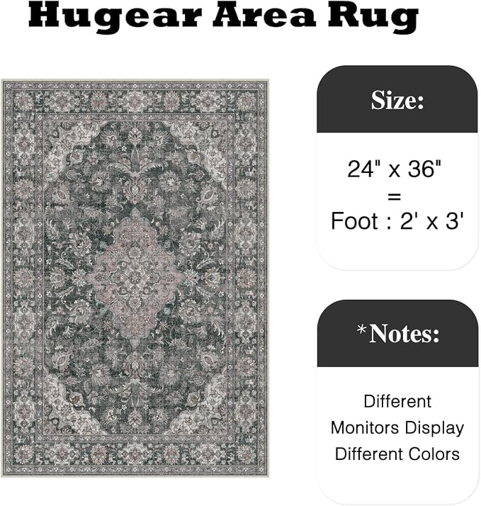 HUGEAR 2x3 Entryway Area Rug Retro Black Small Rug Machine Washable Door Mat Vintage Floral Low Pile Carpet Distressed Throw Rug Entrance Kitchen Bathroom Bedroom Office Non Slip Soft Lightweight
