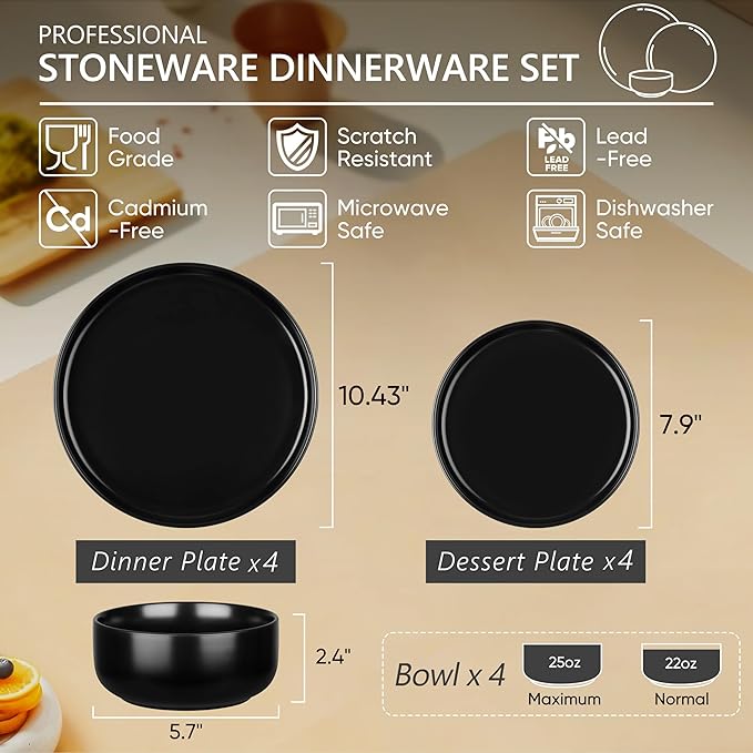 Herogo 12 Pieces Stoneware Dinnerware Sets Service for 4, Dinner Plates and Bowls Sets, Double Reactive Glaze Dishes Sets for Kitchen, Scratch Resistant, Microwave & Dishwasher Safe, Matte Black
