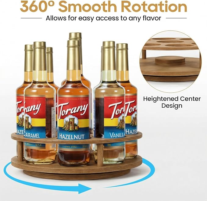 THYGIFTREE Rotating Coffee Syrup Organizer for Countertop, 9-Bottle Wooden Syrup Rack & Bottle Holder for Coffee Bar Station, Turntable Display Stand, Brown