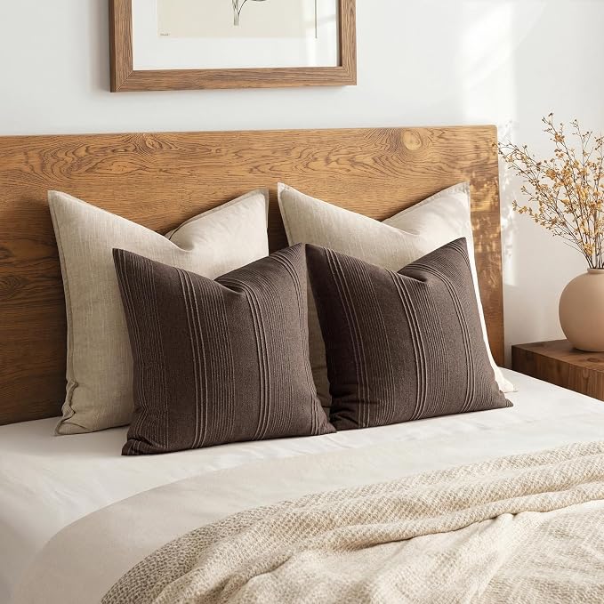 MIULEE Striped Throw Pillow Covers 22x22 Decorative Textured Pillow Covers Pack of 2 Linen Cushion Cases for Couch Bed Sofa Livingroom Farmhouse Home Decor, Reddish Brown