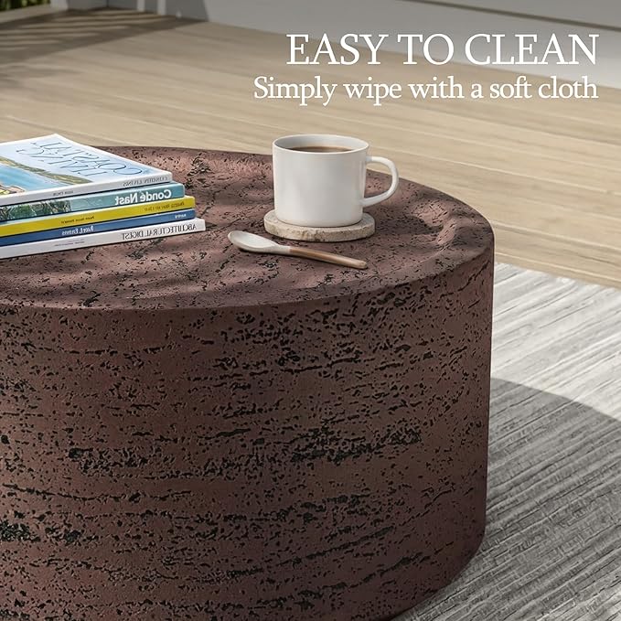 UPHA 28" Round Outdoor Coffee Table, Modern Hollow Concrete Patio Table, Small Minimalist Low Accent Table for Living Room, Balcony, Deck, Backyard, Rust Red