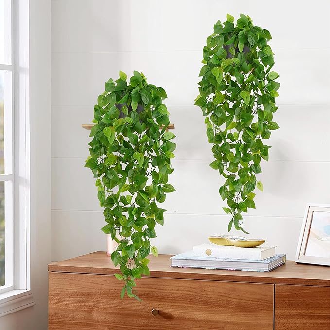 Waipfaru Fake Hanging Plants, 2pcs Artificial Potted Plant, Faux Ivy Pothos Vines Greenery for Wall Home Bedroom Living Room Aesthetic Kitchen Office Aesthetic Kitchen Indoor Outdoor Decor
