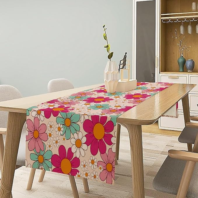 Retro Florals Table Runner Vintage Gardern Flowers Groovy Hippie Seasonal Spring Farmhouse Abstract Country Dinner Runner for Home Kitchen Dining Table Party Holiday Decor 13"x90"