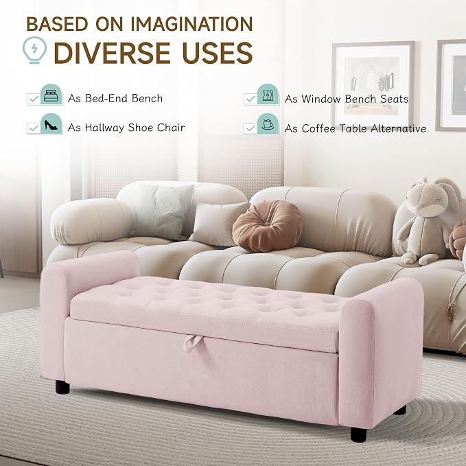 Ottoman with Storage, Tufted Storage Bench for Bedroom, 48" Fabrics End of Bed Bench, Upholstered Entryway Shoe Benches with Rolled Arm & Inner Zipper, Window Ottomans Chest without Rivets, Pink