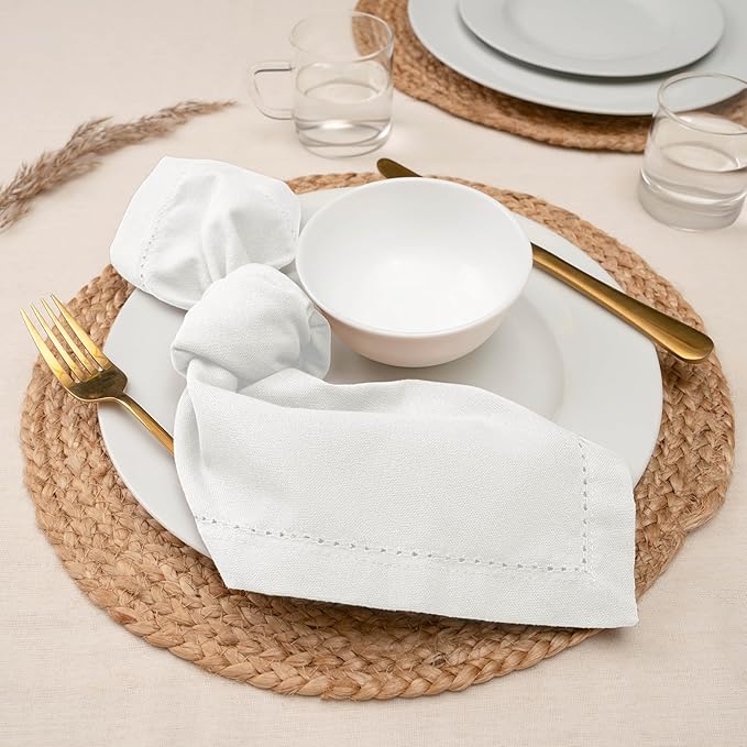 Blue Needles Set of 6 Hemstitch Linen Napkins 100% Cotton White Cloth Dinner Napkins 18x18 inches, Soft, Reusable, Absorbent, Washable, Ideal for Spring Summer Easter Events, Parties & Everyday Use
