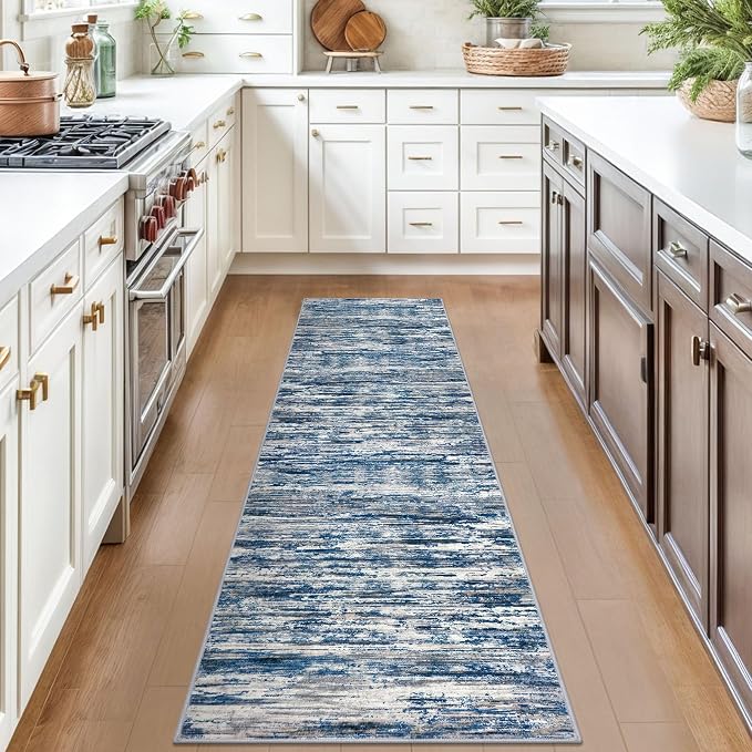 SIILOOM 2x7 Modern Abstract Runner Rug for Hallways, Navy Blue Gray Neutral Multi Super Soft Hallway Decor Kitchen Rugs with Non-Slip, Non-Shedding Washable Rug for Hallways Entryway Bedroom Indoor