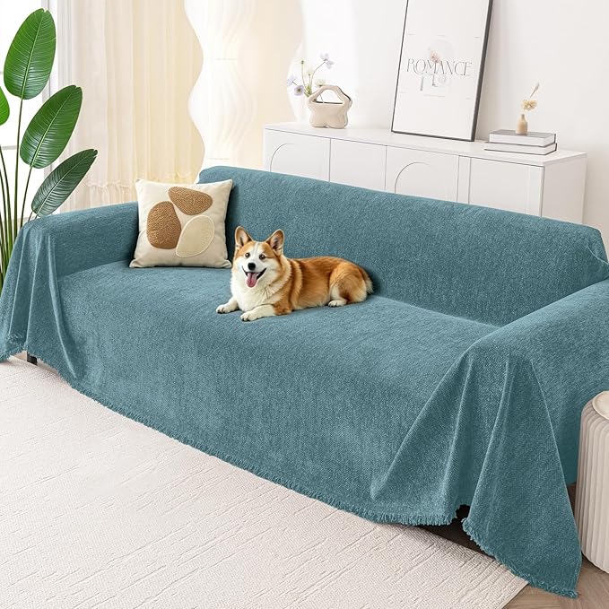 Smiry Couch Cover for Dogs, Washable Chenille Sofa Covers for 3 Cushion Couch, Soft Sofa Slipcover for Pets, Thick Sectional Furniture Protector with Tassels (Blue, 88.5x134 Inch)