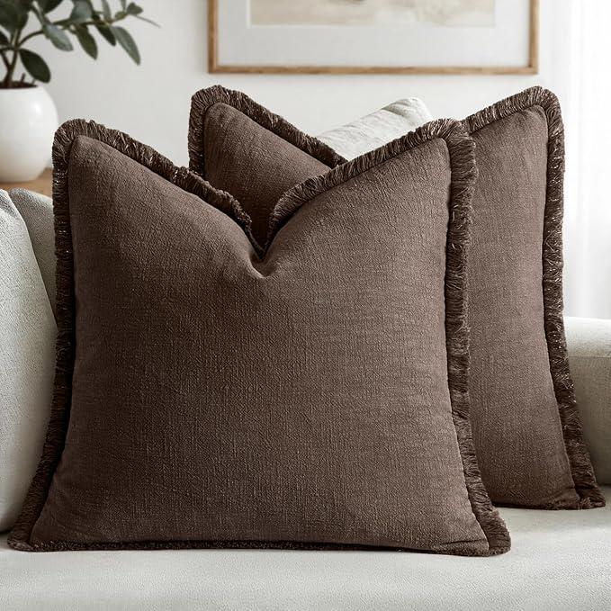 MIULEE Decorative Throw Pillow Covers Neutral Linen Fringe Throw Pillows Set of 2 Reddish Brown Boho Farmhouse Cushion Covers with Tassels for Couch Sofa Bed Living Room Spring Decor 18x18 Inch