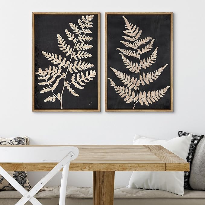 SIGNWIN Framed Canvas Print Wall Art Vintage Fern Leaf Silhouettes Natural Botanical Rustic Illustrations Modern Art Decorative Contemporary for Living Room, Bedroom, Office - 16"x24"x2 Natural
