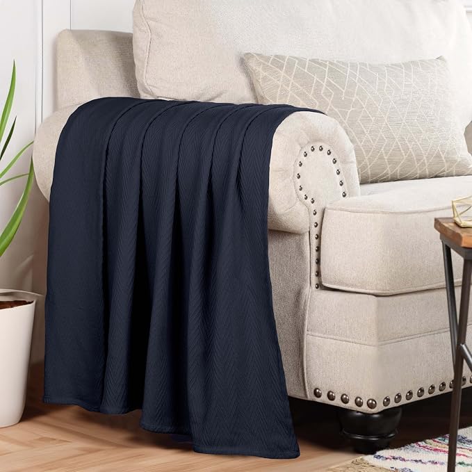 Superior Metro 100% Cotton Blanket, Perfect for Bedroom, Living Room, Couch, Picnics, Travel, Beach, or Camping, Comfy Blanket, Bedroom Decor, Essentials, Zig-Zag Cover for Bed, King, Navy Blue