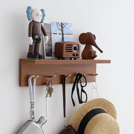 Marine Plywood Wall Mounted Coat Rack with Shelf & Key Hooks, 5 Brass Hooks Entryway Organizer, Modern Floating Shelf for Bedroom Hallway, Space-Saving Home Storage Rack (1, Teak Finish)