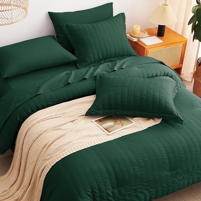 CozyLux California King Comforter Set with Sheets 7 Pieces, Emerald Green Seersucker Bed in a Bag Cal King Luxury Bedding Sets with Down Alternative Comforter, Sheets, Pillowcases & Shams All Seasons
